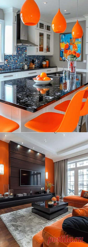 13 Black Granite Countertop Ideas | DIY Vibes | Orange and gray kitchen wall colors, Blue and orange kitchen cabinets, Black white and orange kitchen with blue backsplash