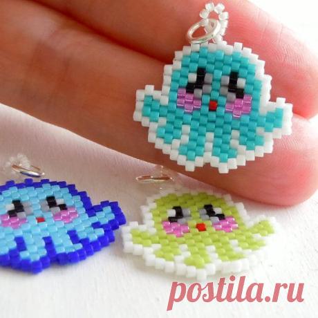 RESERVED Lime Green Octopus &amp; Fox Seed Bead Charm Set