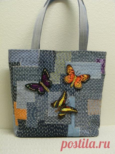 Borsa in denim Boro con farfalle Applique a mano di AllasOriginals