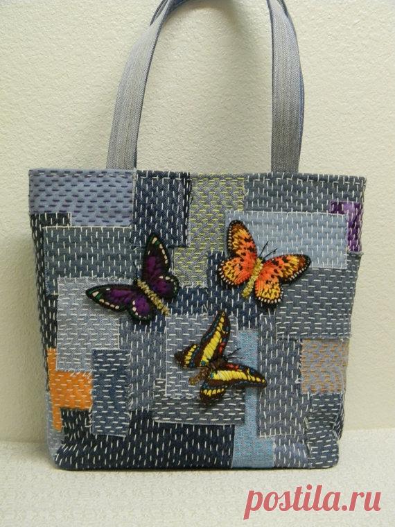 Borsa in denim Boro con farfalle Applique a mano di AllasOriginals