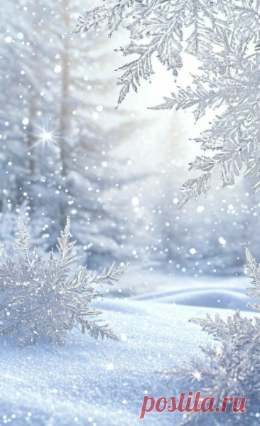 snow flakes are falling on the ground in front of trees and snowflakes