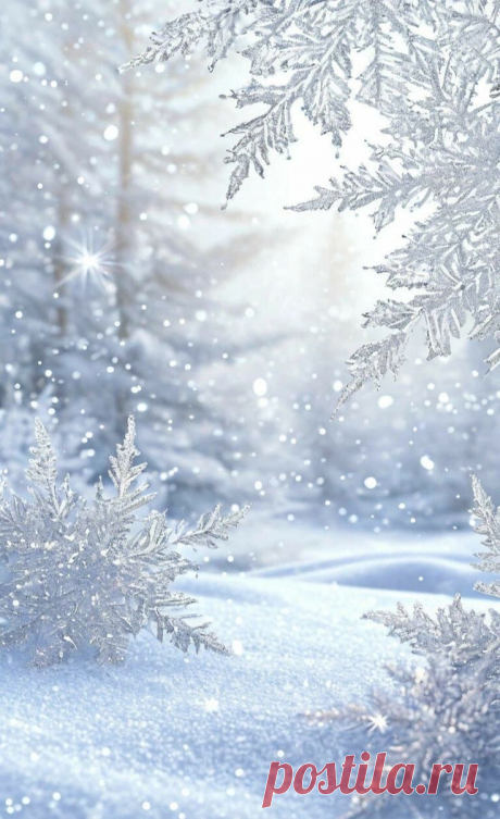 snow flakes are falling on the ground in front of trees and snowflakes