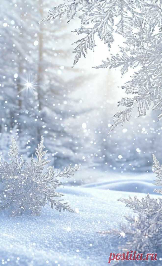 snow flakes are falling on the ground in front of trees and snowflakes