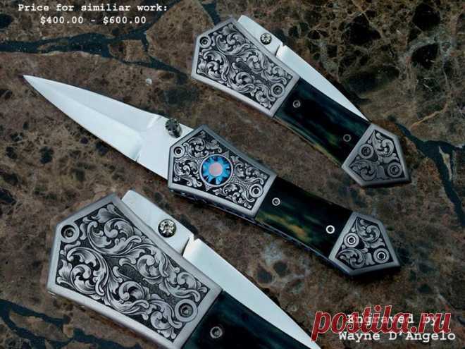 Нож складной от Wayne D'Angelo. Гравировка. Растительный орнамент.