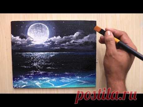 Acrylic painting of beautiful Moonlight night sky landscape step by step