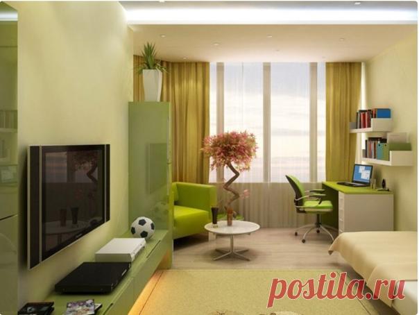 В гостевой комнате фисташковый цвет выигрышно смотрится, если окна выходят на север, освежая и высветляя помещение.