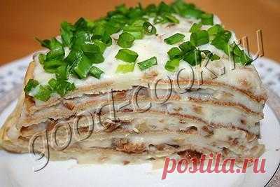 Хорошая кухня - блинчатый пирог с картофельным пюре и грибами. Кулинарная книга рецептов. Салаты, выпечка.