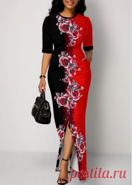Rose Print Front Slit Color Block Maxi Dress | Rotita.com - USD $33.96