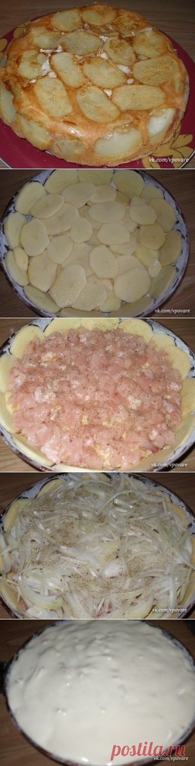 Сытный пирог

Ингредиенты:
- 4-5 картофелин
- 2 луковицы
- 1 окорочок
- 2 яйца
- 100 г сметаны (кефира)
- 100 г майонеза
- 1 ст.муки
- 0,5 ч.л. соды

Приготовление:
1.На смазанную маслом и присыпанную мукой (паниров.сухарями, манкой) форму, дно+боковушки, выкладываем картошку круглешами, присыпаем солью; 2.затем мясо + соль, перец; лук +соль, перец
Заливаем тестом: соединяем яйца +соль +сметану +майонез +муку +соду.
3.Выпечь в нагретой до 180-190*С духовке 45-50 минут.