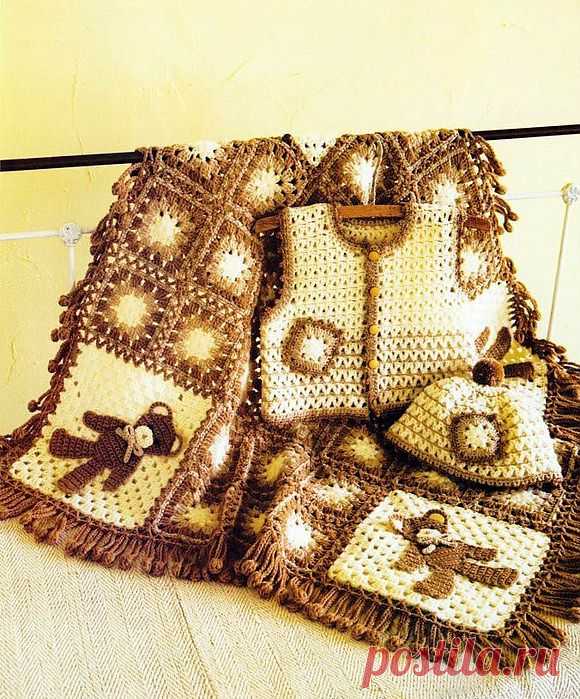 Детский плед, жилетка и шапочка с мишками в стиле кантри).