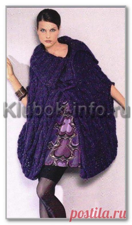 Вязание спицами. Женские модели. Меланжевая накидка с большим воротником и разрезами для рук. Размер: универсальный