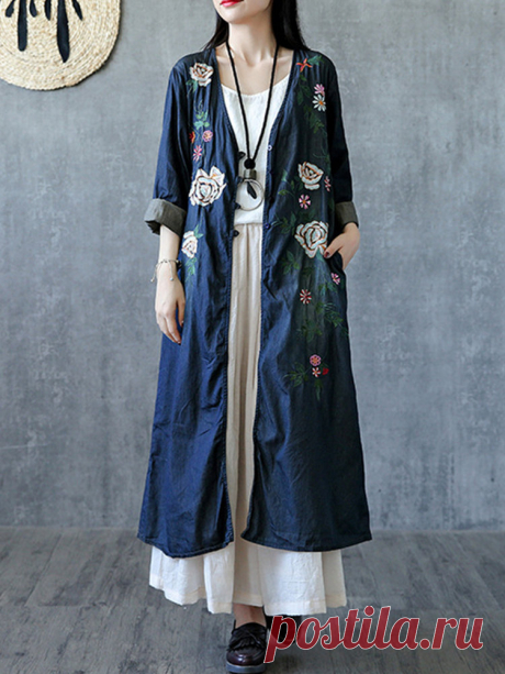 Floral Embroidery Long Sleeve Denim Women Vintage Coat Your friend shared a fashion website for you and give you $60 coupons! Claim it now.