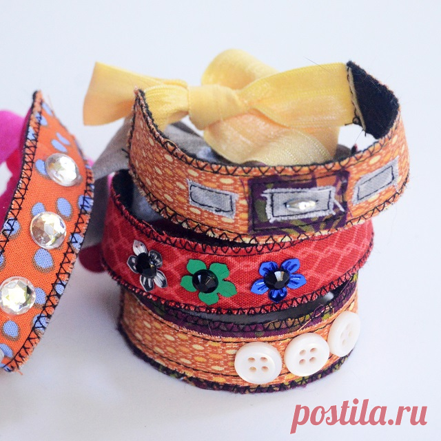 Embellished scrap fabric bracelets - TUTORIAL - Orange Bettie I am sooo excited to share this project with you today!  That’s because it takes a couple of my favorite things and puts them together. One favorite thing being fold over elastic.  It looks like ribbon but it stretches.  It’s...