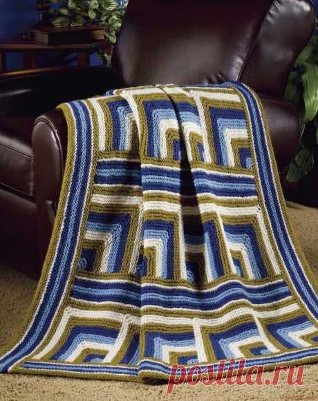 Плед (одеяло) "Квадраты и полоски", спицами.