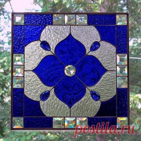 Cobalt Blue Stained Glass Beveled Panel Geometric Design--Reserved