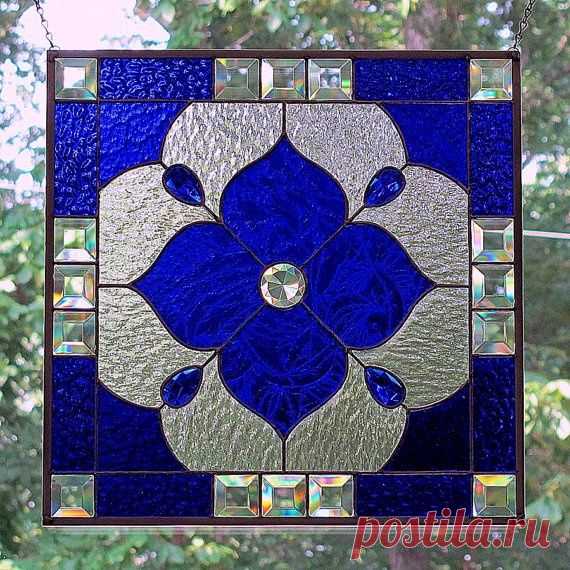 Cobalt Blue Stained Glass Beveled Panel Geometric Design--Reserved