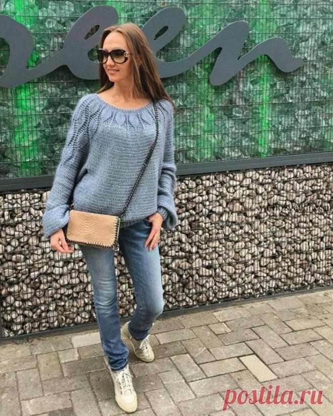 Джемпер крючком с красивой кокеткой . Схемы узоров для круглой кокетки крючком