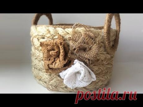 Плетеная корзинка из джутовой веревки / Простая идея плетеной корзинки из джута