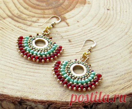 (129) Ethnic Turquoise Brown Gold filled fish hook Glass Beads Earrings by Sigalsart