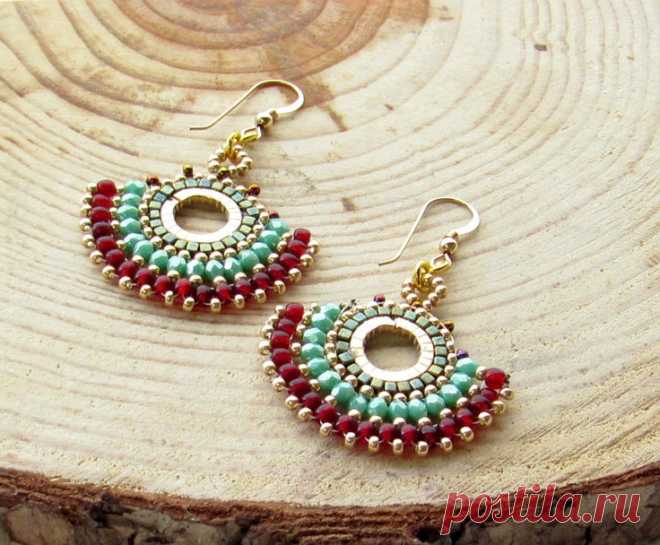 (129) Ethnic Turquoise Brown Gold filled fish hook Glass Beads Earrings by Sigalsart