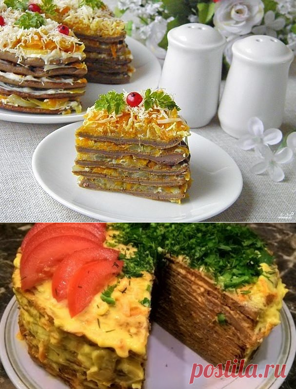 Печеночный торт из куриной печени.Ингредиенты: Куриная печень — 500 Грамм Мука пшеничная — 0,5 Стакана Сметана — 2 Ст. ложки Яйцо — 2 Штуки Соль — По вкусу 
Перец черный молотый — По вкусу Лук крупный — 2-3 Штук (для начинки) Морковь крупная — 2-3 Штук (для начинки) Растительное масло — 3-4 Ст. ложек (для жарки начинки и коржей) 
Чеснок — 1-2 Зубчиков (для смазывания коржей) Майонез — 100 Грамм (для смазывания коржей) Сыр твердый — 30 Грамм (для украшения) 
Приготовление: ...