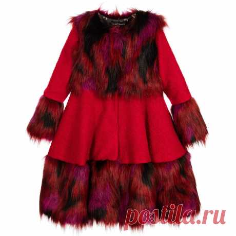 Cesare Paciotti - Girls Red Bouclé Tweed & Fur Coat | Childrensalon