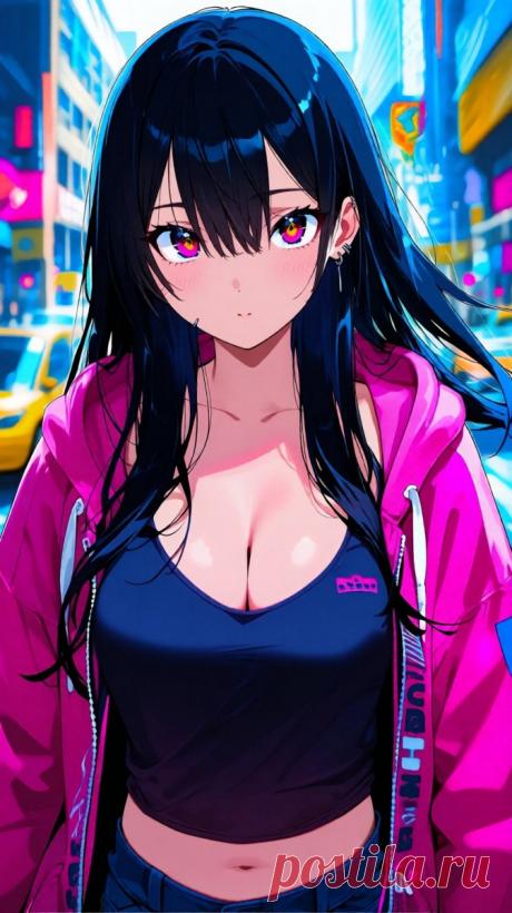 Яркая девушка в городском стиле с пронзительным взглядом и длинными черными волосами – иллюстрация для аниме. Картинка из нейросети Qwen - Qwen Images примеры промтов - Форум ИИ о нейросетях - Yes Ai