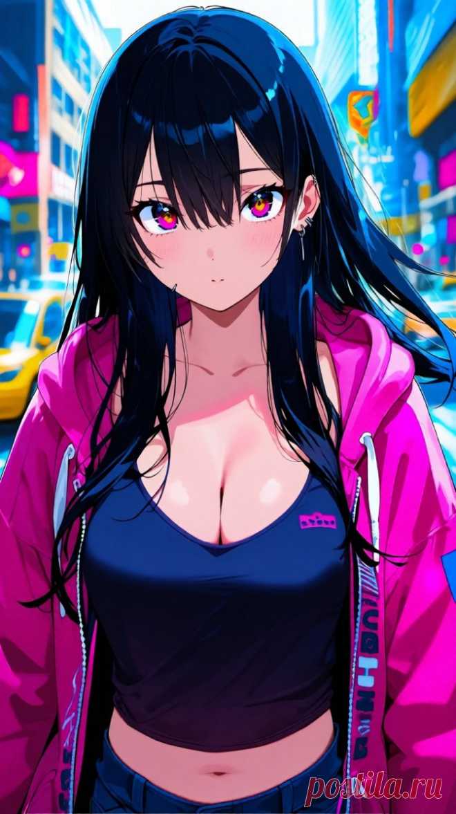 Яркая девушка в городском стиле с пронзительным взглядом и длинными черными волосами – иллюстрация для аниме. Картинка из нейросети Qwen - Qwen Images примеры промтов - Форум ИИ о нейросетях - Yes Ai