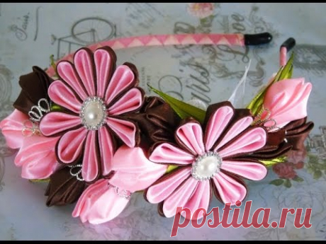 Ободок-канзаши "Красотка" из атласных лент