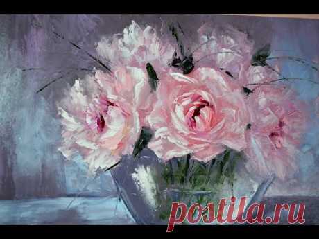 Цветы в вазе, живопись маслом и мастихином.