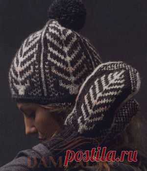 Вязаные шапка и варежки с рисунком «Перья» | DAMские PALьчики. ru