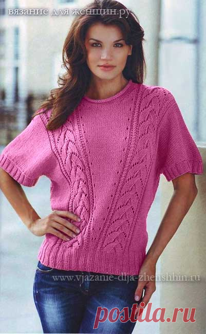 Джемпер с цельновязанными рукавами и узором из "кос". Спицами. Размеры: XS (S) M (L) XL (XXL). / www.vjazanie-dlja-zhenshhin.ru