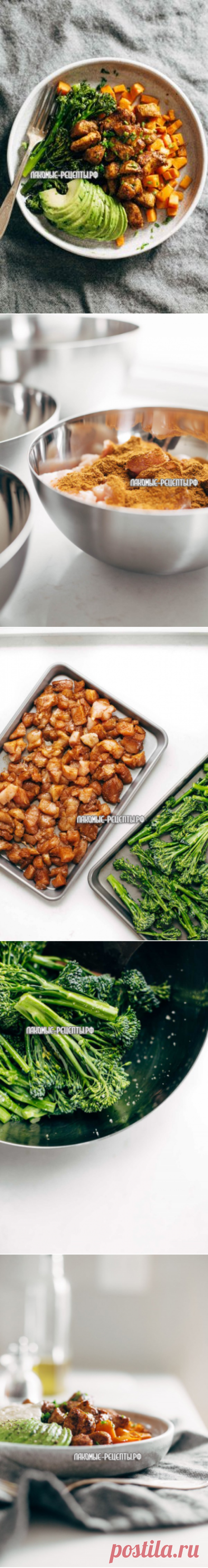Пряный цыпленок и сладкий картофель (батат) с брокколи