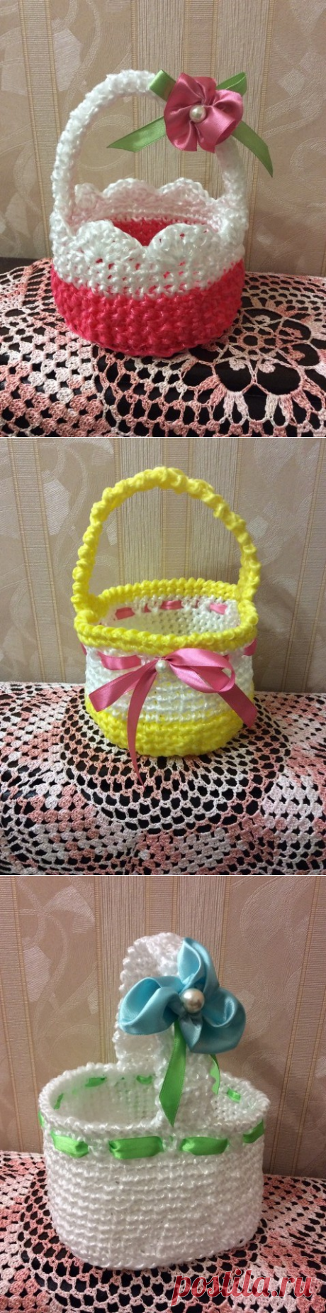 Вязаные корзинки из полипропиленового шпагата.