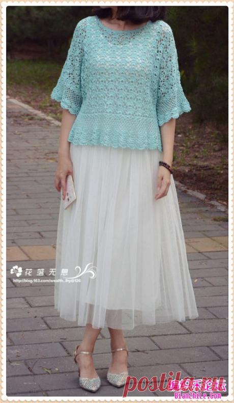 钩针编织真丝亚麻宽松圆领中袖罩衫的编织图解(花落无息作品)-编织乐论坛