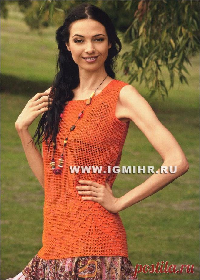 Оранжевая летняя майка, выполненная в филейной технике вязания крючком / igmihrru.ru