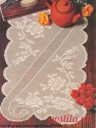 Блог "tgkh". Небольшая прямоугольная скатерть вязаная крючком (диагональной симметрии с филейной сеткой по диагонали), Блог пользователя tgkh