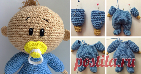 Вяжем пупса крючком Материалы: Пряжа (на образце Vita cotton lira): бежевый (ручки и голова); голубой или розовый (тело); желтый или любой другой цветной для соски; немного черного, чтобы вышить брови; коричневый (волосы). Крючок 1,3.