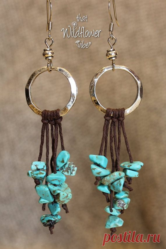 These beautiful earrings are made using 20mm Hammered Silver Metal Rings, Small Silver Plated Beads, Brown Hemp Cord and Faux Turquoise Nugget