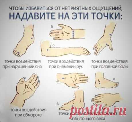 КАК ЗА ПЯТЬ МИНУТ ИЗБАВИТЬСЯ ОТ ГОЛОВОКРУЖЕНИЯ
Как с помощью нажатия точек на лице и теле улучшить самочувствие, как быстро избавиться от ощущения тошноты?
ТОЧКА № 1
Чтобы отыскать эту точку, нужно положить ладонь левой руки на внутреннюю сторону правой так, чтобы мизинец касался края кисти. В центре той линии, по которой указательный палец будет касаться правой руки, и будет находиться эта точка. Массировать можно точки на обеих руках.
ТОЧКА № 2
Эта точка находится на кисти руки. Чтобы оты
