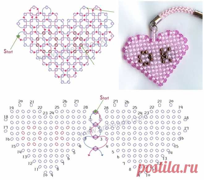 Брелок сердечком из бисера схема