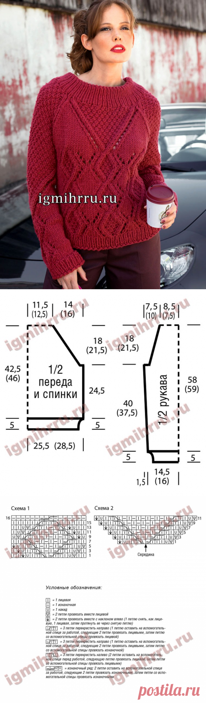 Красный пуловер с миксом выразительных узоров. Вязание спицами