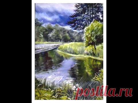 Как нарисовать пейзаж поэтапно гуашью. Осень. Ненастье. Лес с озером