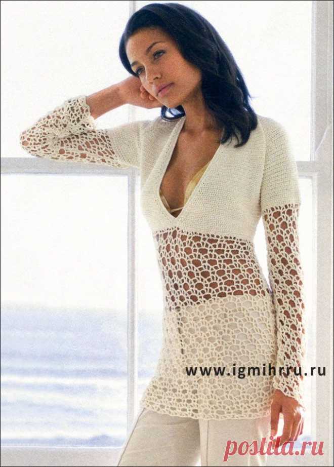 Белый ажурный пуловер с кокеткой. Крючок