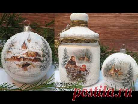 МК Декупаж Новогодние Снежные шары и Банка для Специй с Рисовой Бумагой