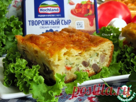 Заливной пирог с куриными желудочками. Теплый заливной пирог с куриными желудочками, сладким перцем и творожным сыром ТМ Hochland можно смело подавать на ужин, дополнив салатом из свежих овощей. Просто, вкусно и сытно. Попробуйте!