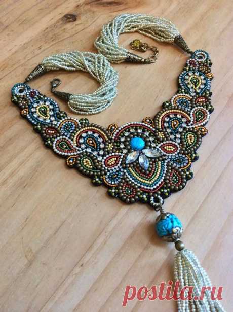 Bead Embroidery Necklace with Tassel, Beadwork Necklace