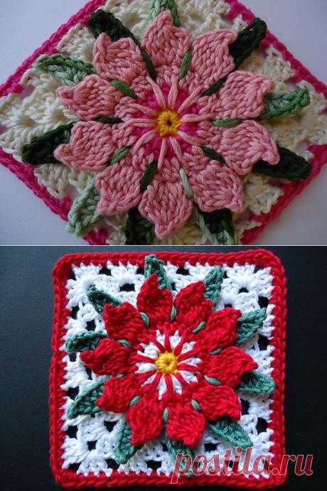 Бабушкин квадрат крючком ЦВЕТОК КАКТУСА.