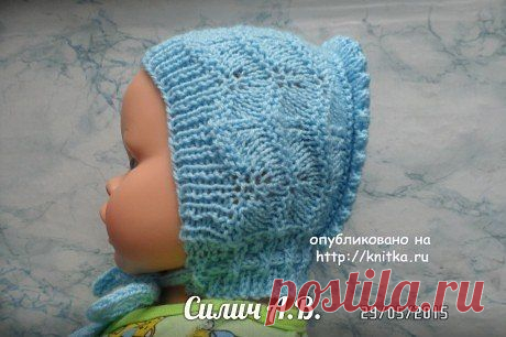 Вязаный чепчик для малыша
Вяжется как обычный чепчик набираем 68(2 кромочные, 66 для узора) вяжем резинкой один на один 2-2,5 сантиметра.
Теперь вяжем узор Узор «волны» (число петель кратно 11) лиц. ряды – 2 п. вместе, лиц., 3 лиц. п., 1 лиц. п. из протяжки, 1 лиц. п., 1 лиц. п. из протяжки, 3 лиц п., 2 п вместе, лиц., изн. ряды – изн. п. Чередование узоров вяжите 6 рядов узором «волны» и 4 ряда платочной вязкой.
Все это вяжем три раза , потом вывязываем затылок, как пя...