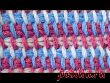 Tunisian crochet pattern   Трёхцветный тунисский узор вязания крючком  3